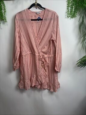 blue island Pink Eyelet Wrap-Style Long Sleeve Blouse
